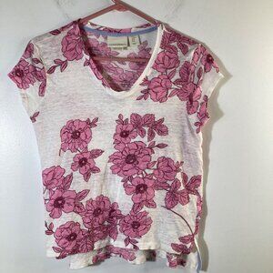 Womens Cynthia Rowley Floral‎ Linen Tee Shirt White Pink M Linen